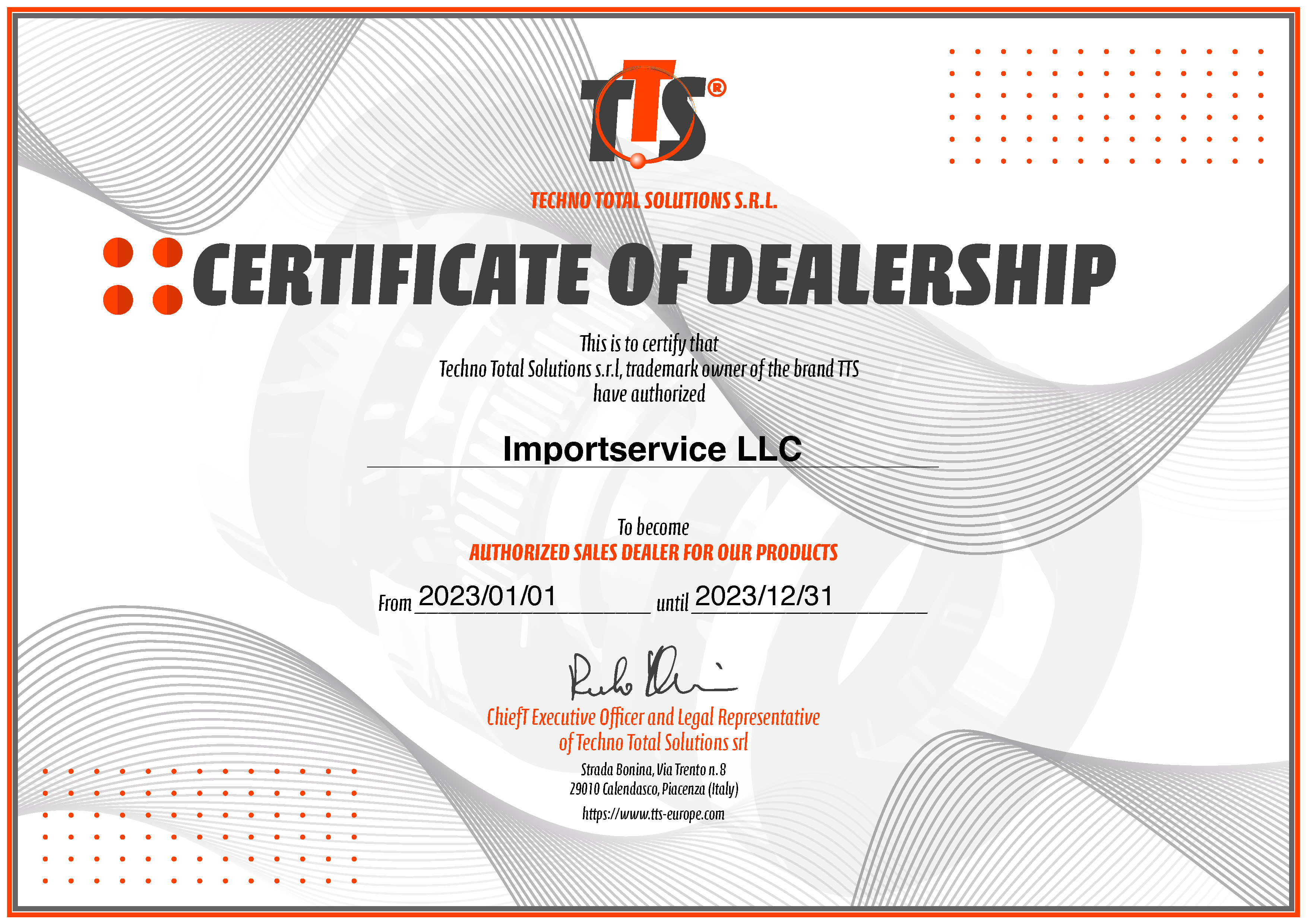 Импортсервис получил сертификат авторизованного дистрибьютора продукции компании Techno Total Solutions.